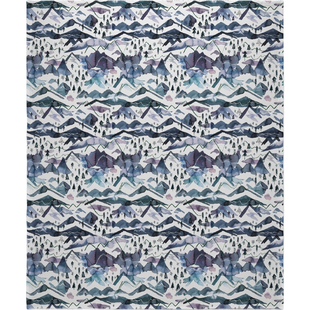 Watercolor Mountains Landscape - Blue Blanket, Plush Fleece, 50x60, Blue