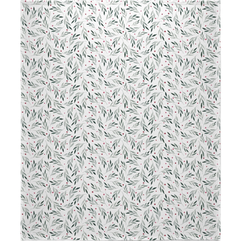 Festive Christmas Green Leaves & Red Berries Blanket, Plush Fleece, 50x60, White, White