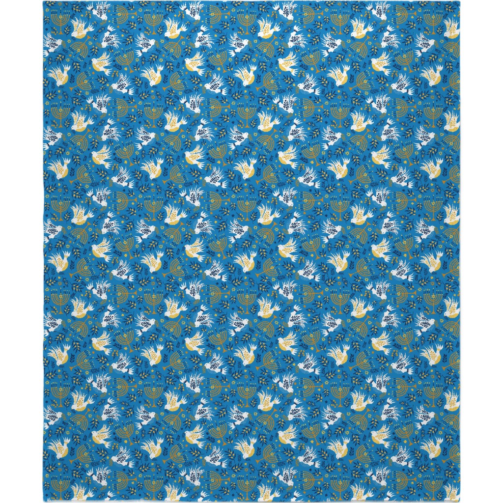 Hanukkah Birds Menorahs - Light Blue Blanket, Plush Fleece, 50x60, Blue
