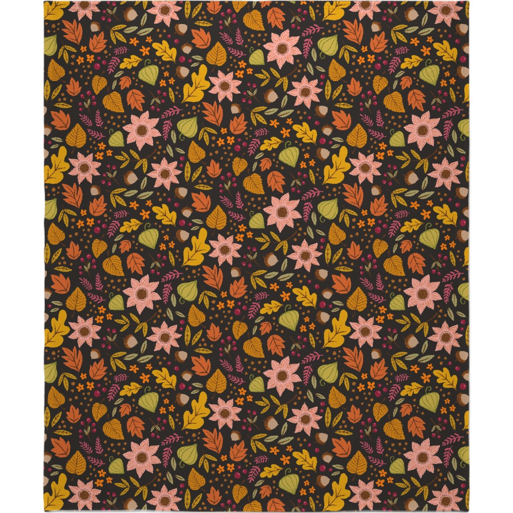 Autumn Fall Floral - Dark Blanket, Plush Fleece, 50x60, Multicolor
