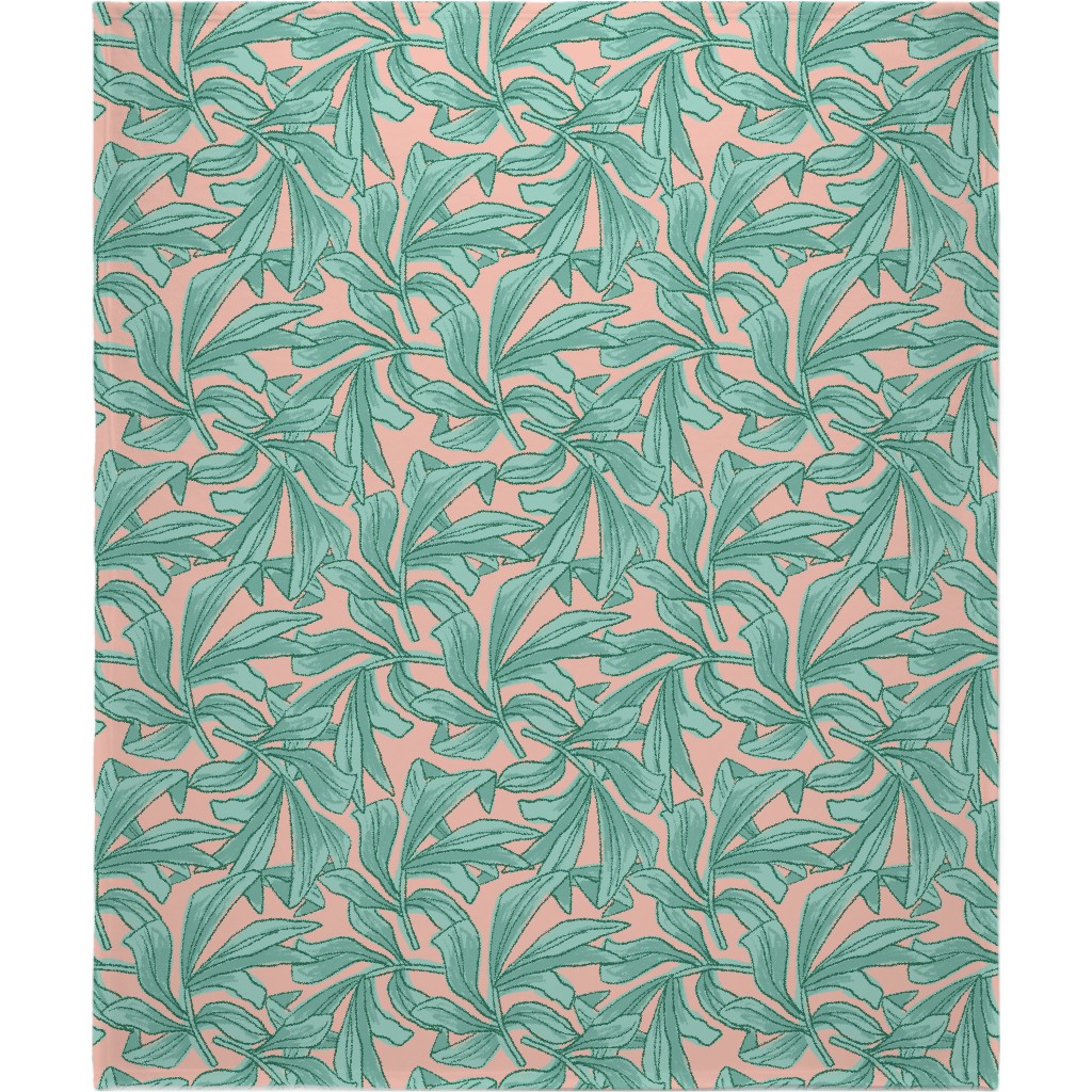 Lush Tropical Leaves - Pink and Mint Blanket, Plush Fleece, 50x60, Green