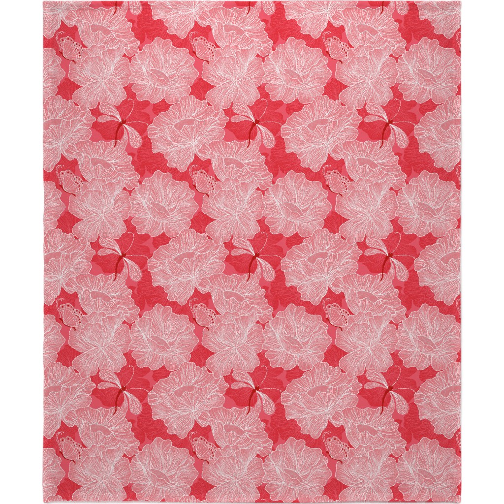 Floral & Butterflies on Scarlet Blanket, Plush Fleece, 50x60, Pink