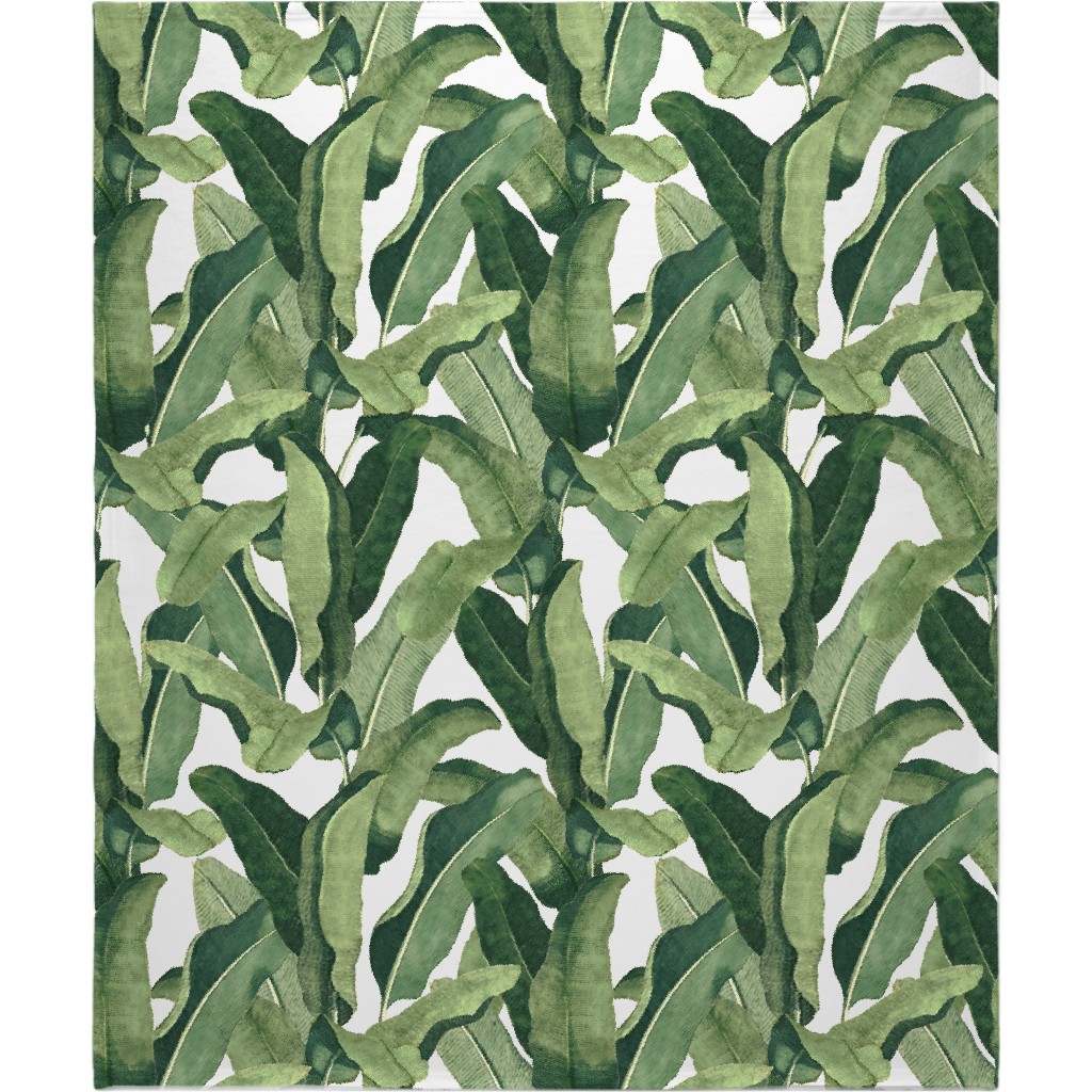 Tropical Leaves - Greens on White Blanket, Plush Fleece, 50x60, Green, Classic Green