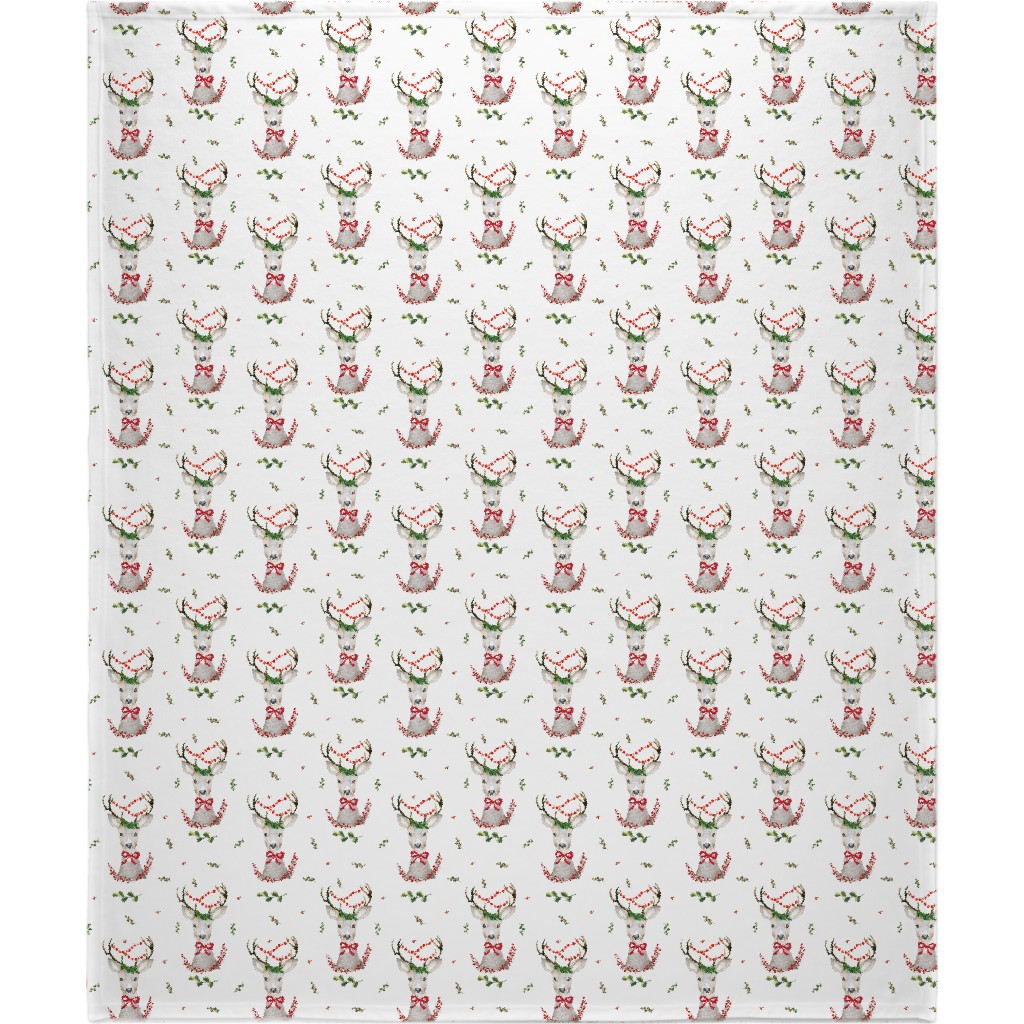 Holiday Fancy Deer With Holly Blanket, Plush Fleece, 50x60, Multicolor