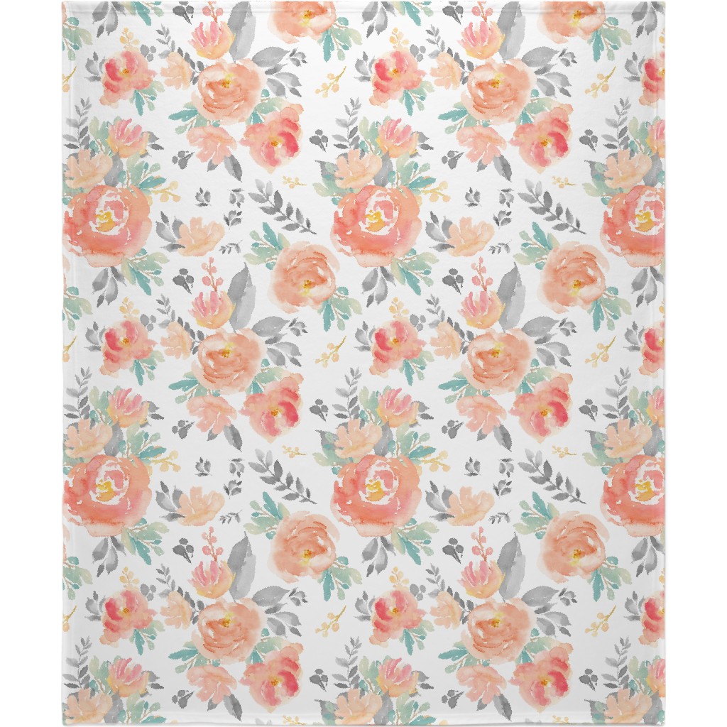 Watercolor Florals Blanket, Plush Fleece, 50x60, Orange, White