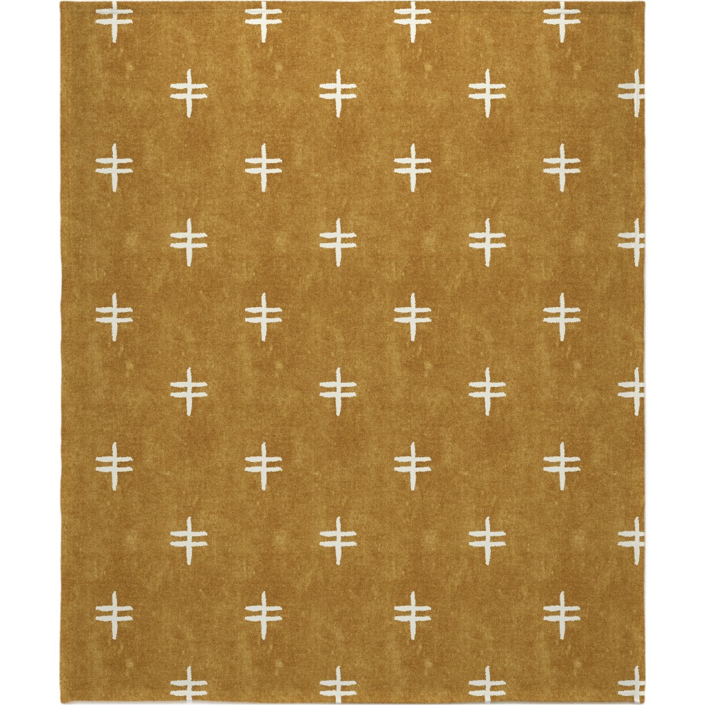 Double Cross Mudcloth Tribal - Mustard Blanket, Plush Fleece, 50x60, Brown