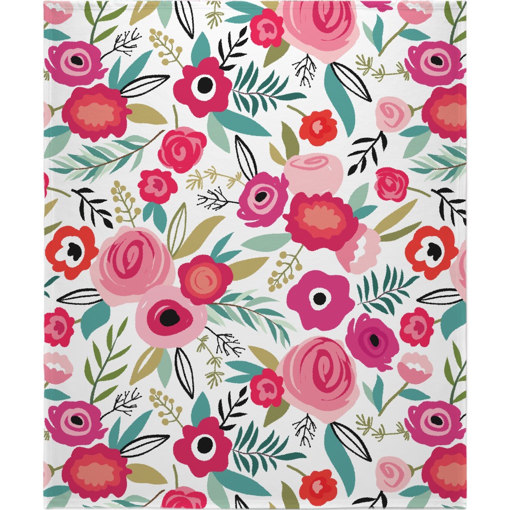 Maypole Floral - Pink on White Blanket, Sherpa, 50x60, Pink, Bright Pink