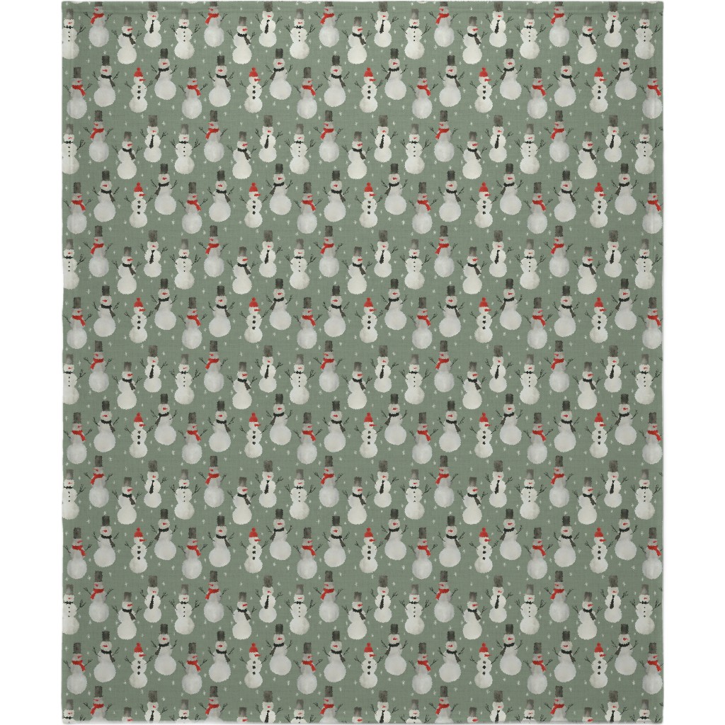 Watercolor Snowmen on Sage Blanket, Sherpa, 50x60, Green, Classic Green