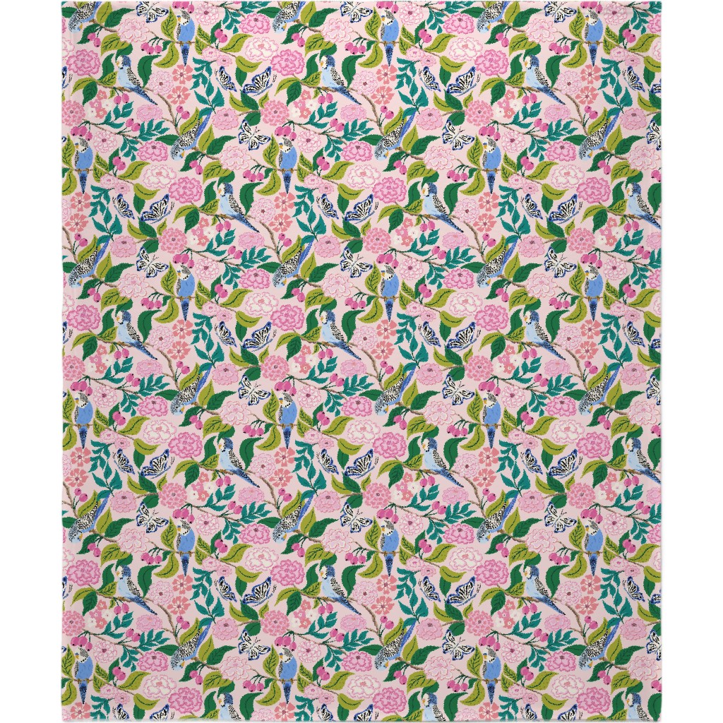 Budgies and Butterflies - Pink and Green Blanket, Sherpa, 50x60, Pink