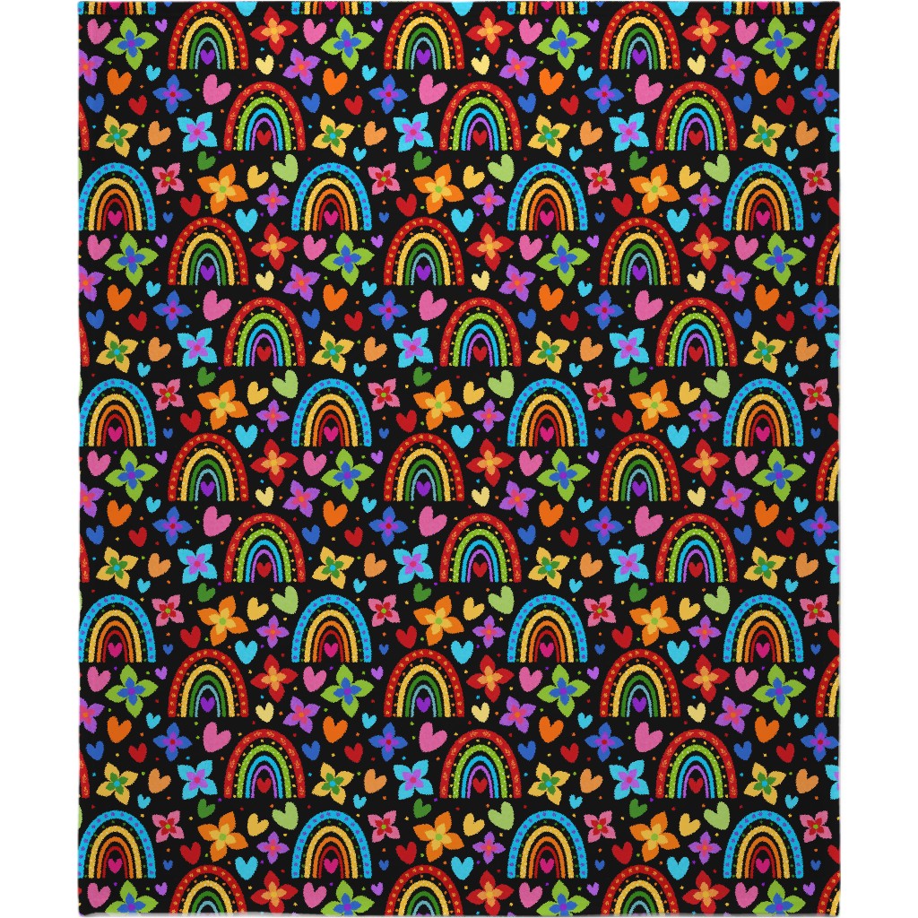 Colorful Rainbows, Flowers, Hearts - Black Blanket, Sherpa, 50x60, Multicolor