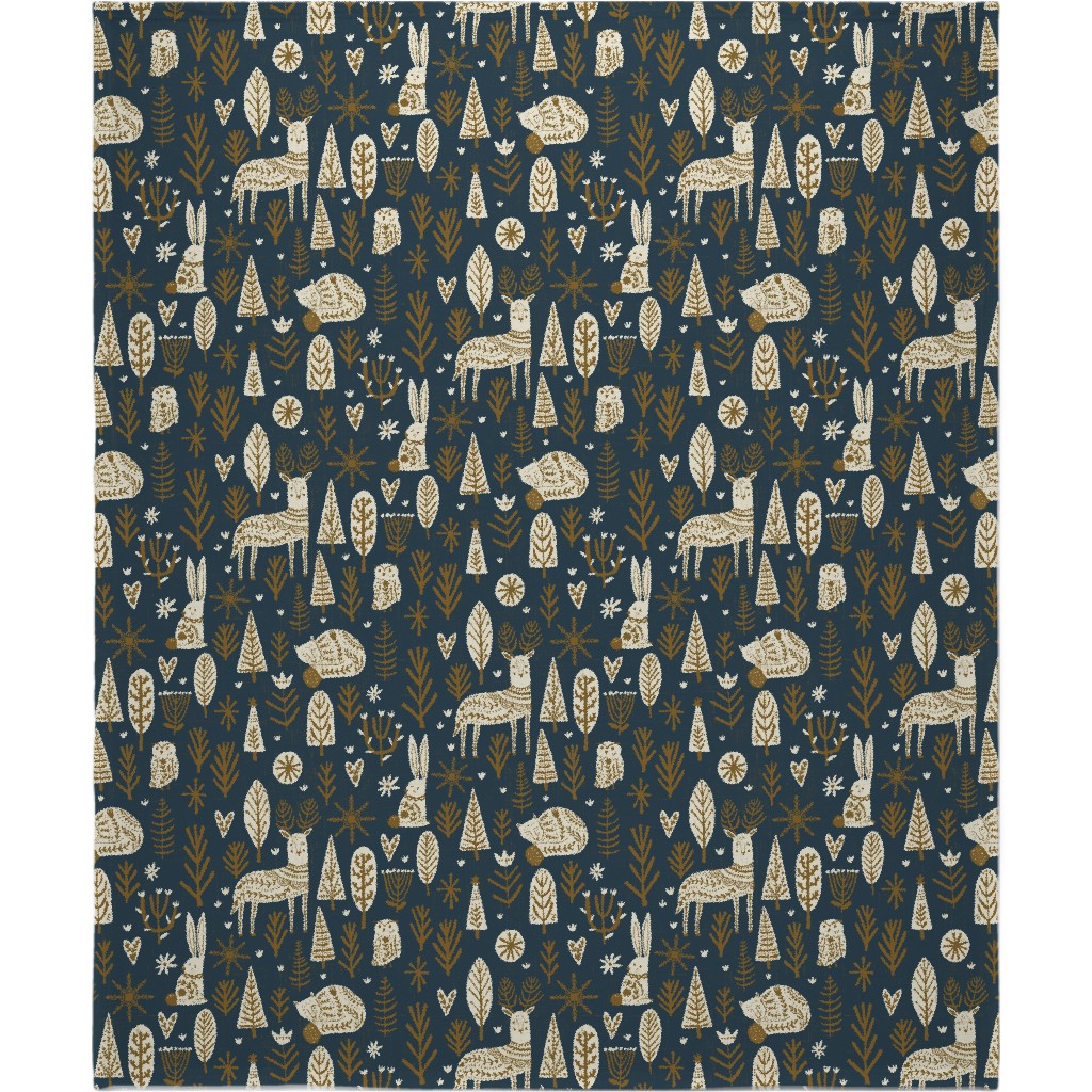 Scandi Snowflake Holiday - Prussian Blue With Pecan and Vanilla Blanket, Sherpa, 50x60, Blue