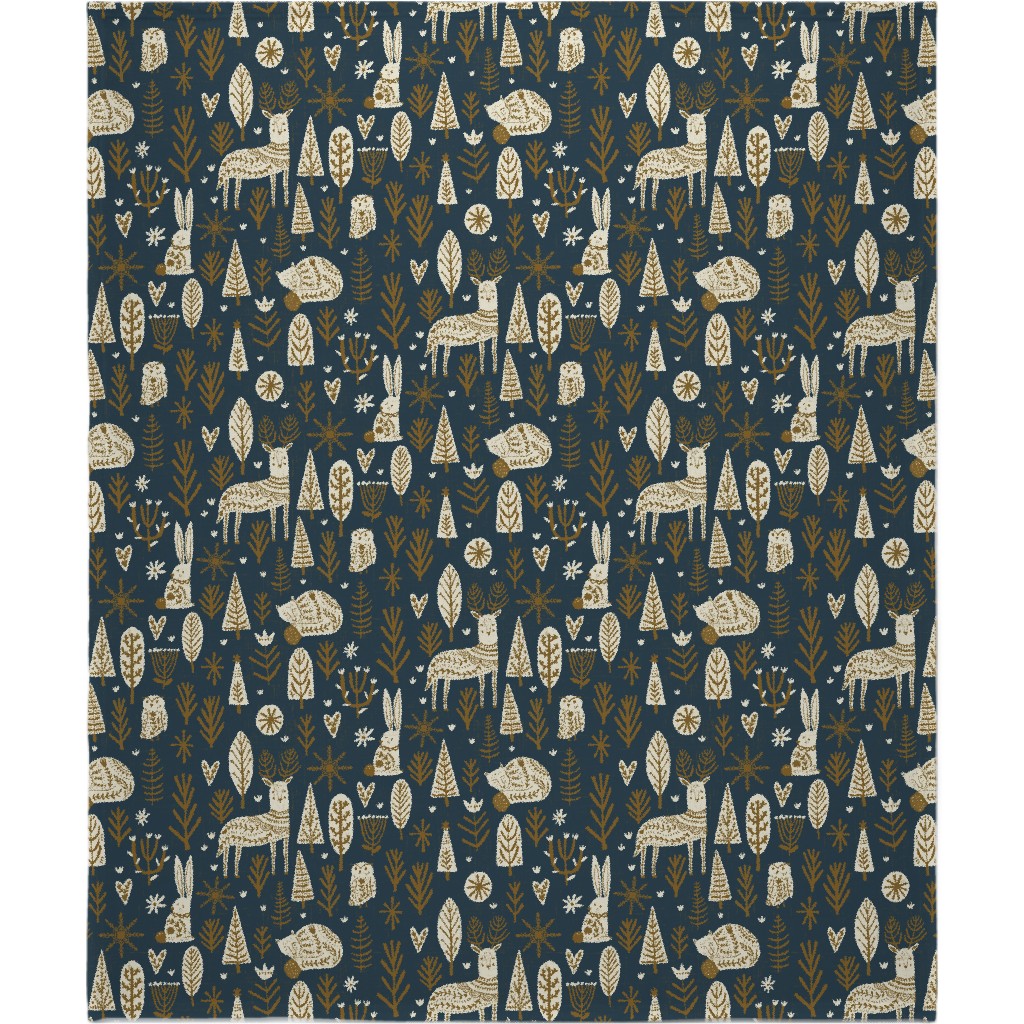Scandi Snowflake Holiday - Prussian Blue With Pecan and Vanilla Blanket, Sherpa, 50x60, Blue, True Blue