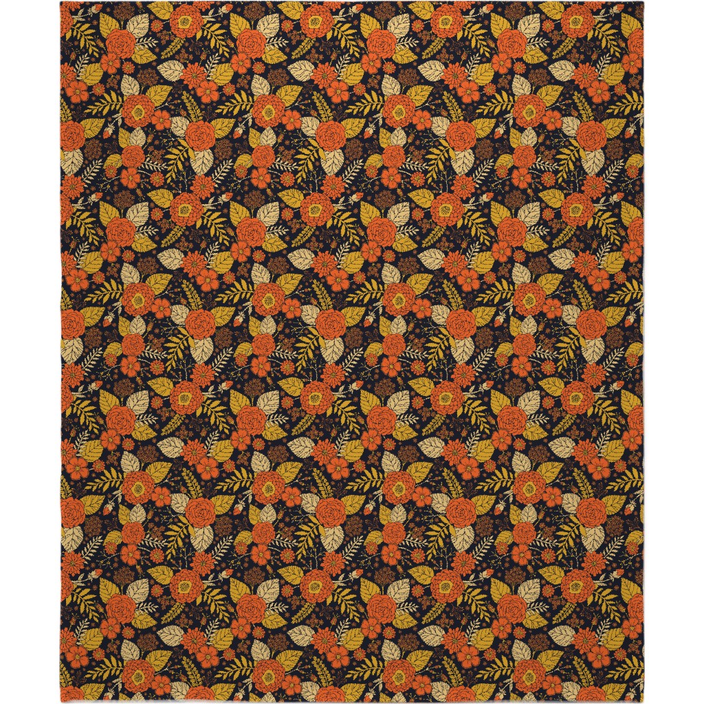 Retro Floral - Orange Brown and Yellow Blanket, Sherpa, 50x60, Orange