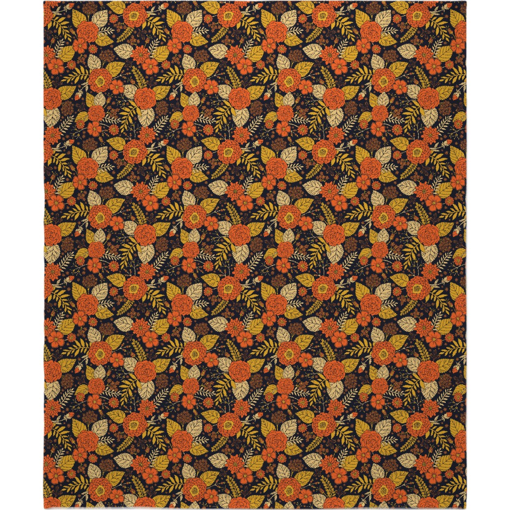 Retro Floral - Orange Brown and Yellow Blanket, Sherpa, 50x60, Orange, Orange