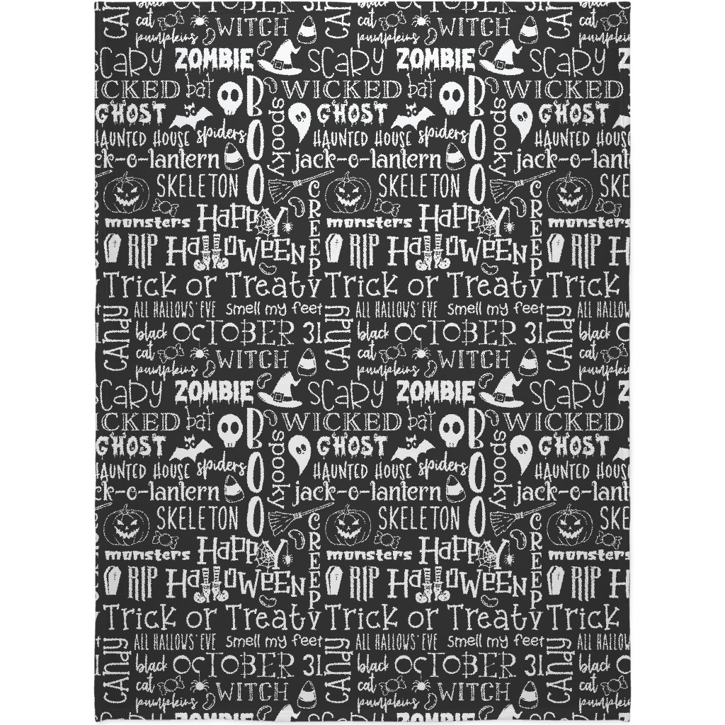 Halloween Typography - White on Grey Blanket, Fleece, 60x80, Black, Black