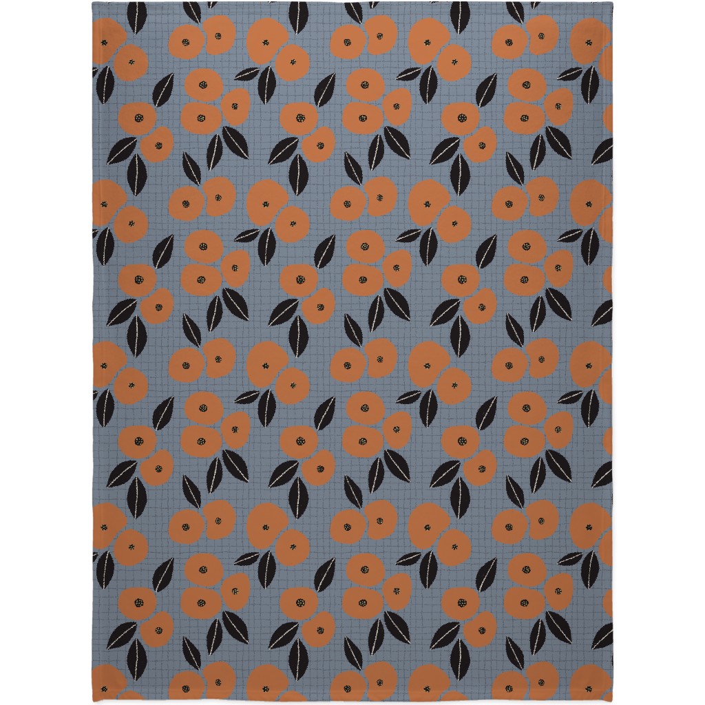 Ingrid Floral - Orange on Blue Blanket, Fleece, 60x80, Blue, True Blue