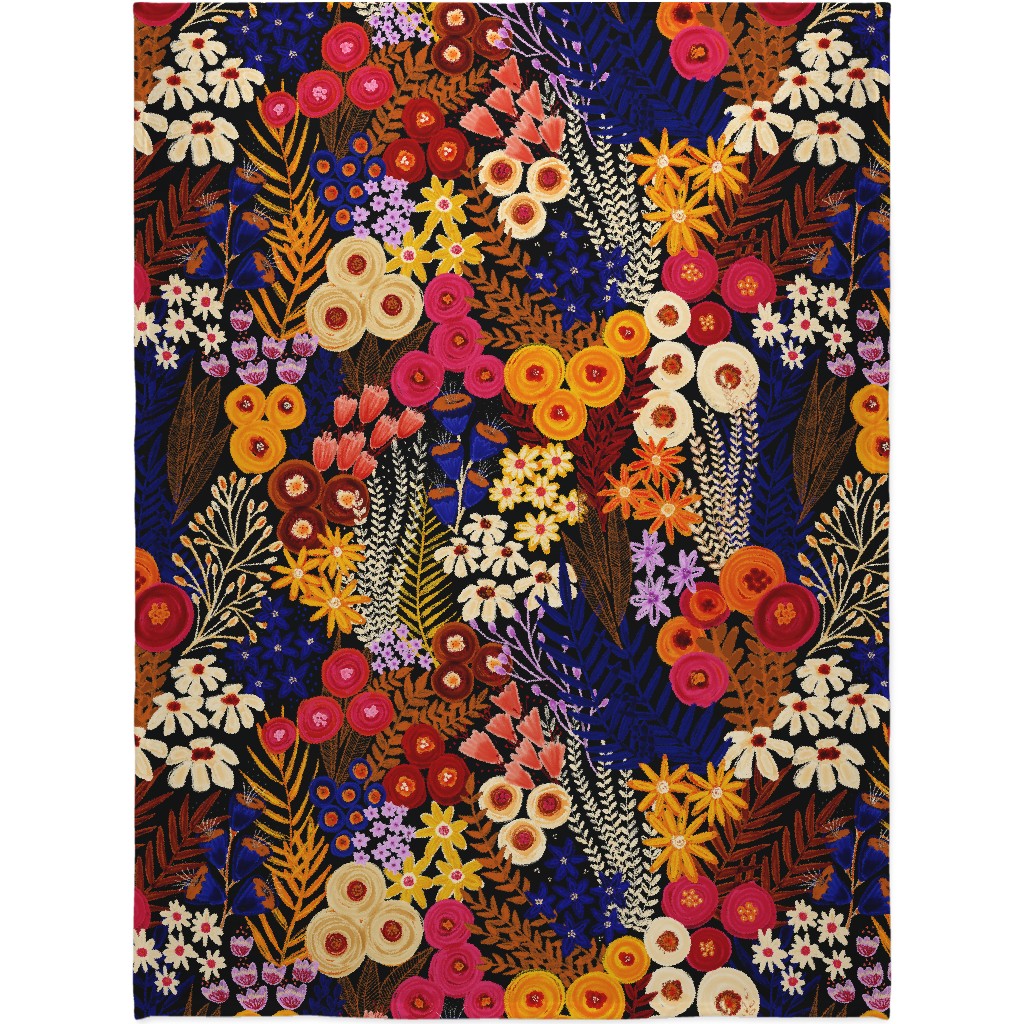 Wildflowers - Multi on Black Blanket, Fleece, 60x80, Multicolor