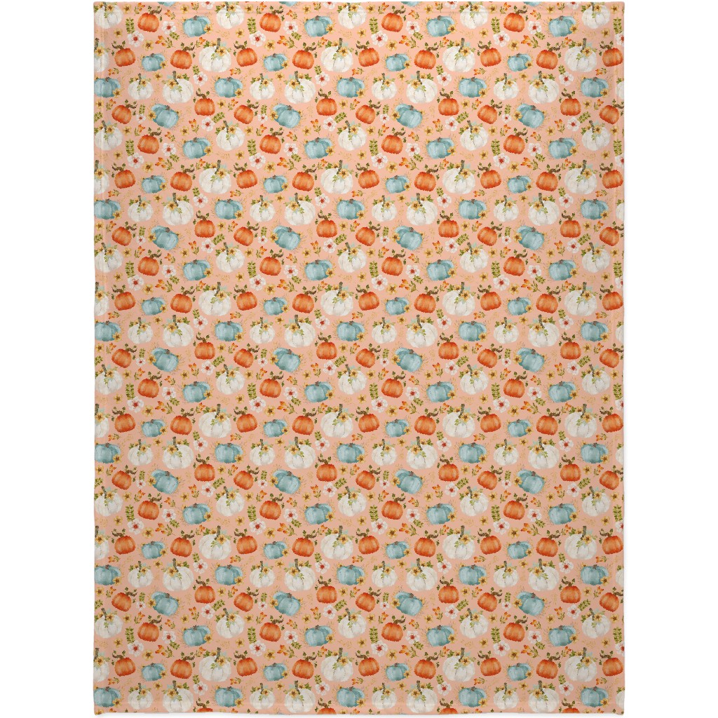 Rustic Farmhouse Pumpkins on Pale Peach Blanket, Fleece, 60x80, Orange, Orange