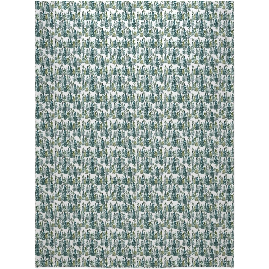 Woodland Trees Watercolor - White Blanket, Fleece, 60x80, Green, Classic Green