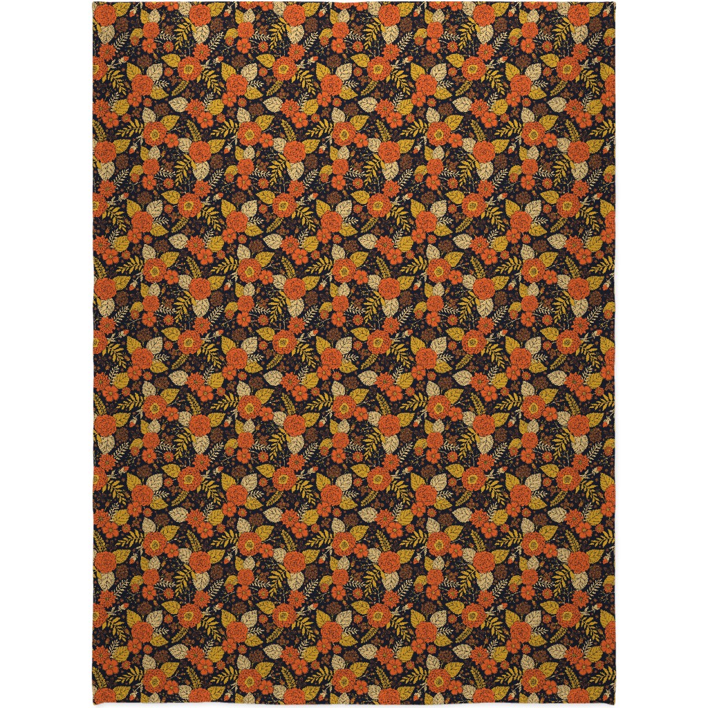 Retro Floral - Orange Brown and Yellow Blanket, Fleece, 60x80, Orange, Orange
