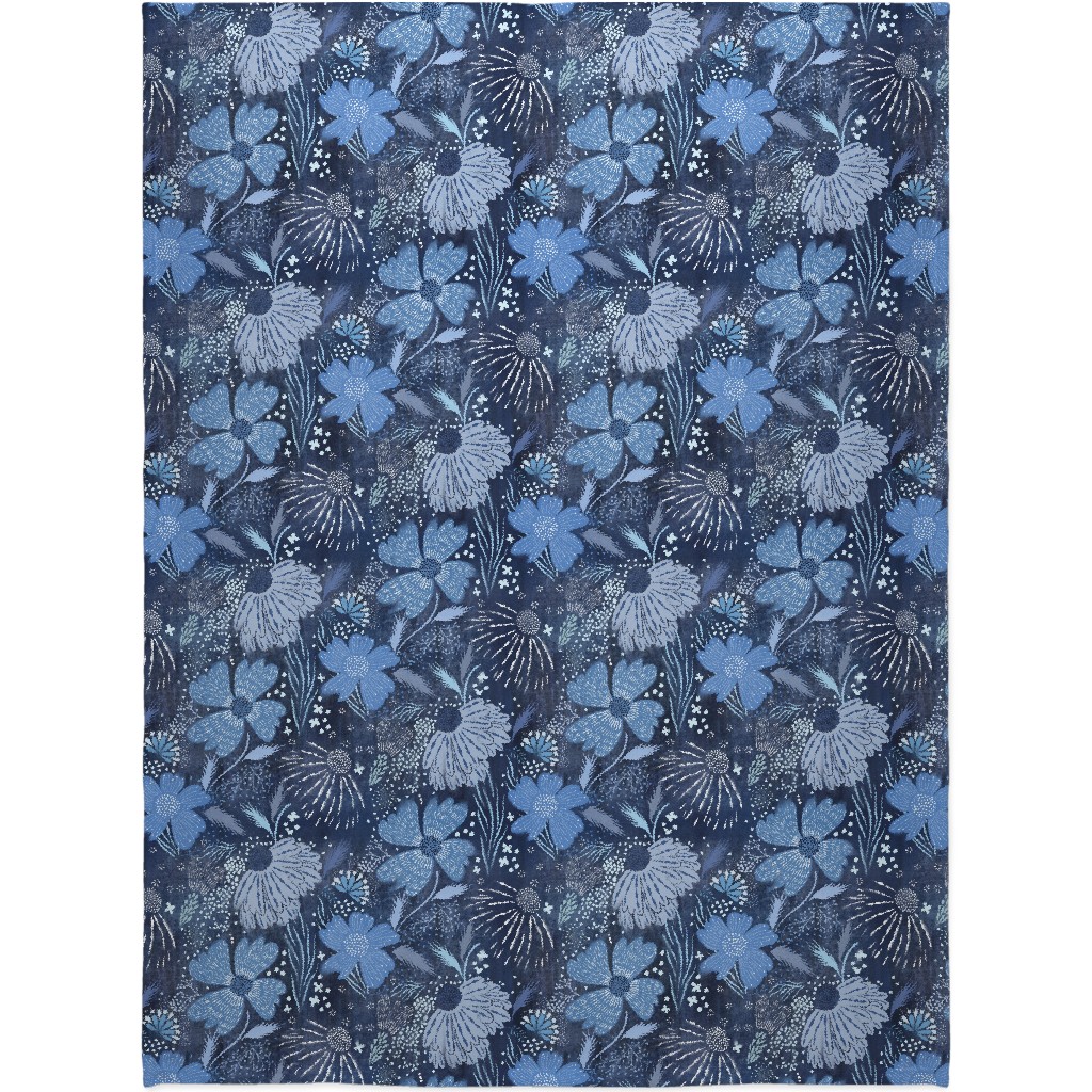 Shibori Flower Abundance - Blue Blanket, Fleece, 60x80, Blue