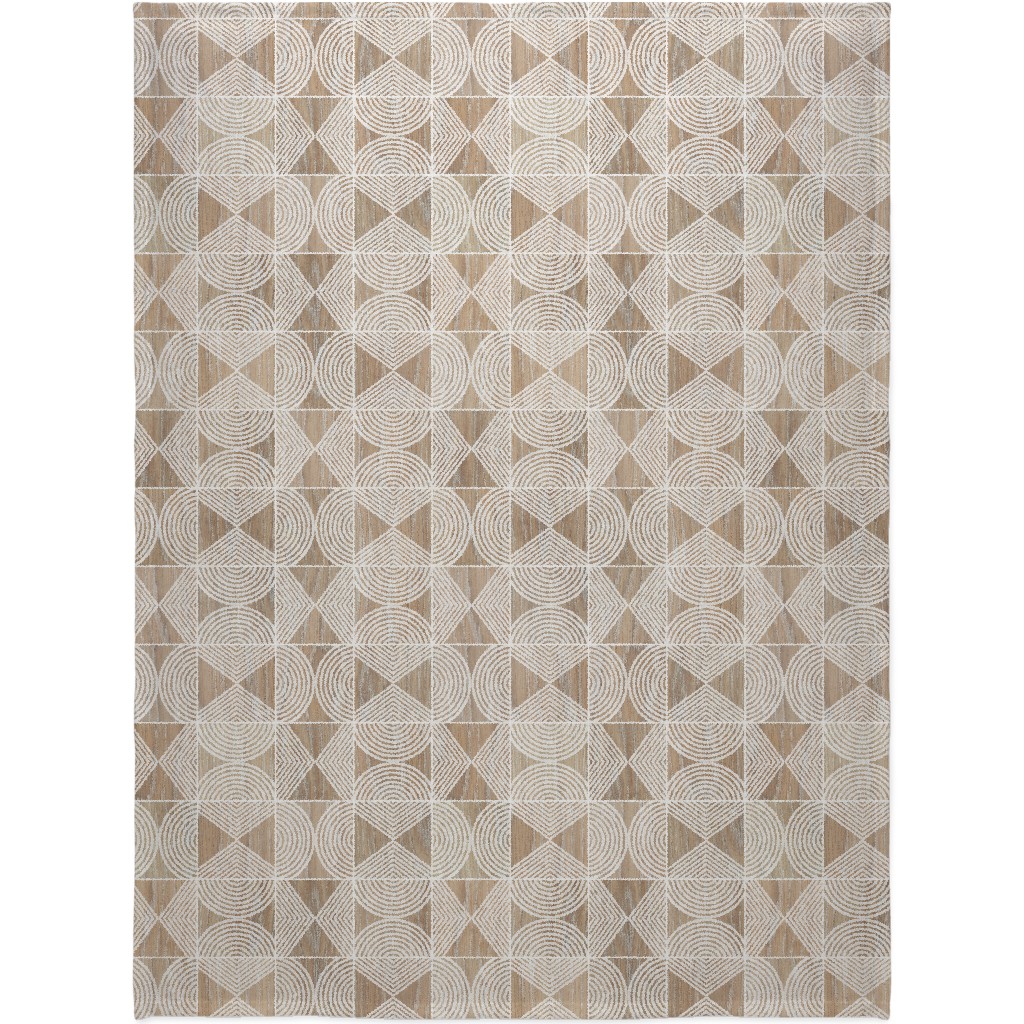 Boho Tribal Woodcut Geometric Shapes Blanket, Fleece, 60x80, Beige, Rye