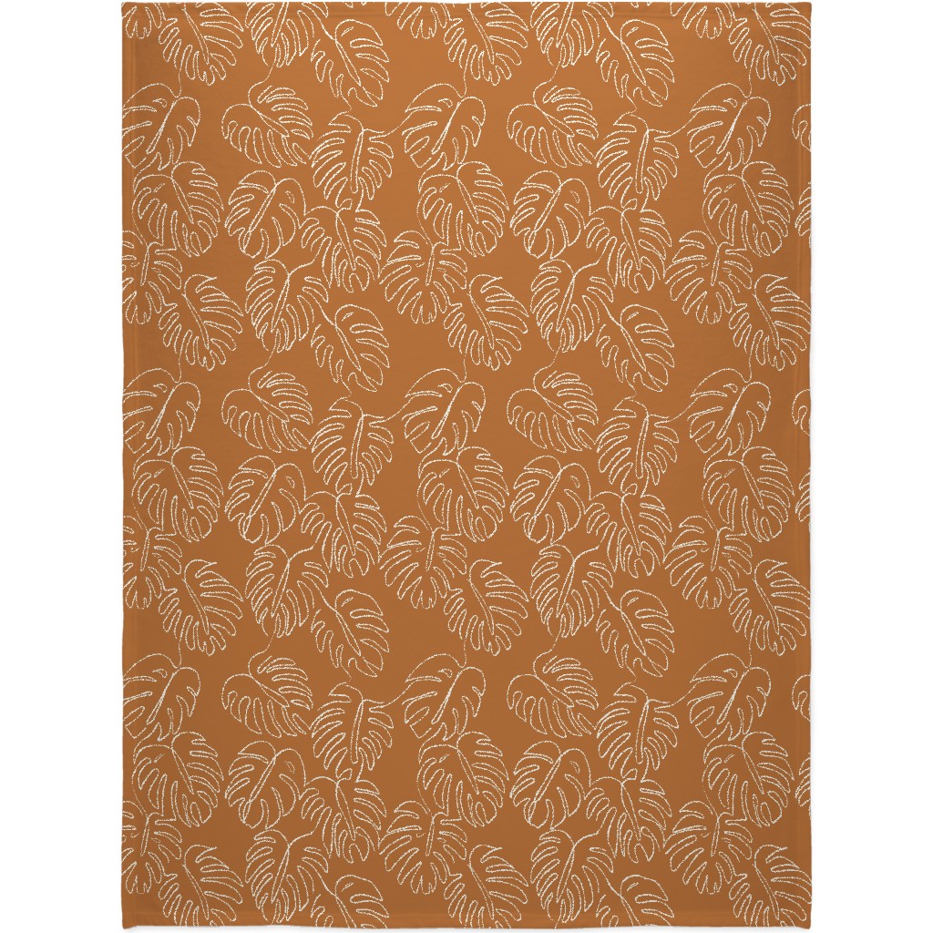 Monstera Line Art - Burnt Orange Blanket, Plush Fleece, 60x80, Orange