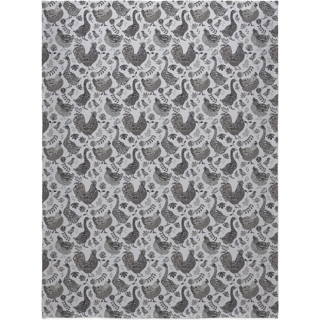 French Farm Birds - Greyscale Blanket, Plush Fleece, 60x80, Gray, Gray