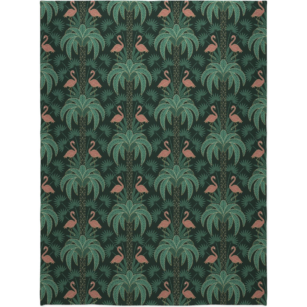 Art Deco Palm Trees and Flamingos Damask - Green and Pink Blanket, Plush Fleece, 60x80, Green