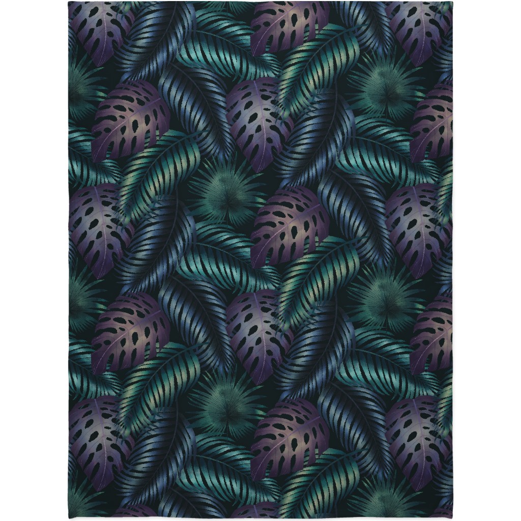 Tropical Leaves in the Moonlight - Dark Blanket, Plush Fleece, 60x80, Blue, True Blue