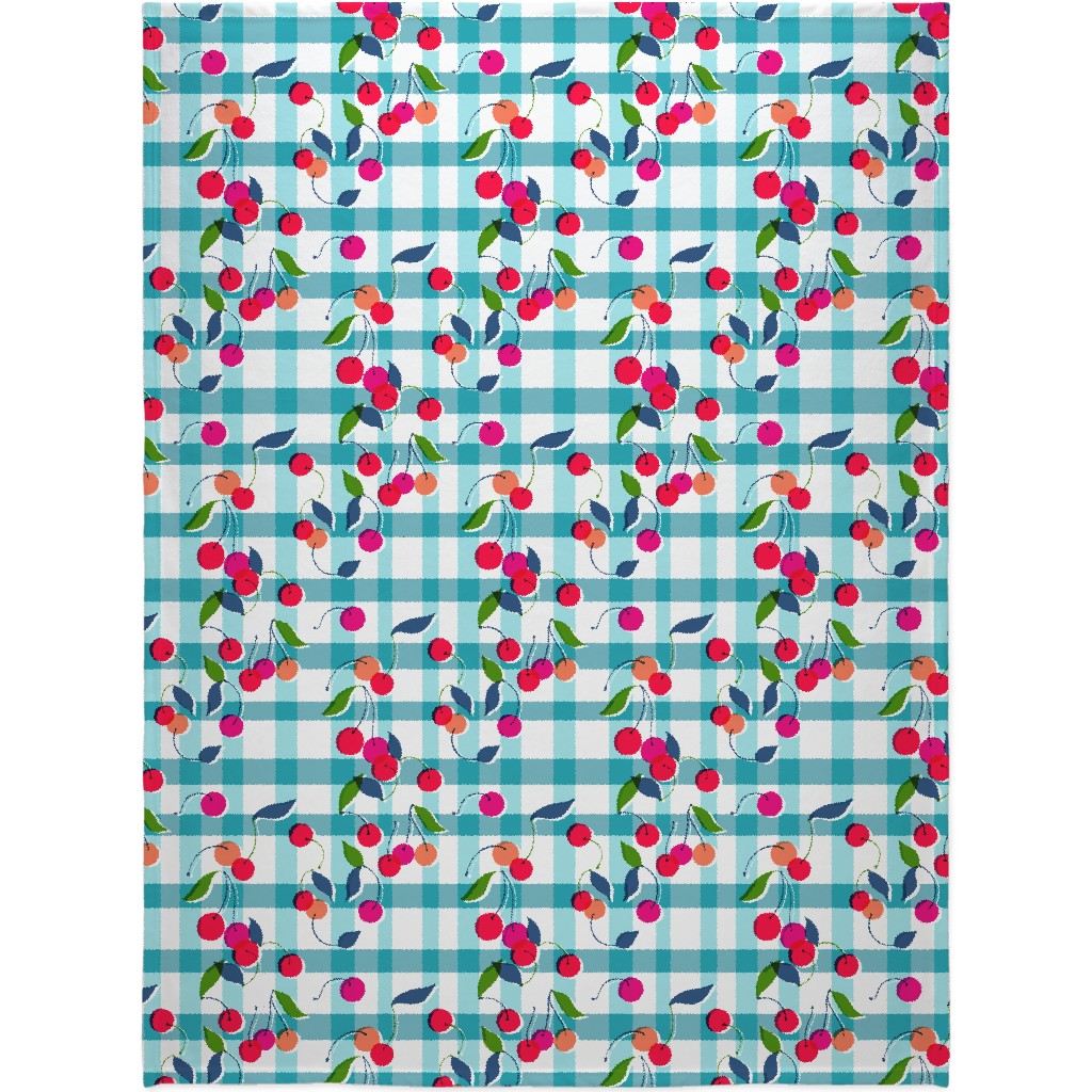 Gingham Cherry - Blue Blanket, Plush Fleece, 60x80, Blue, True Blue