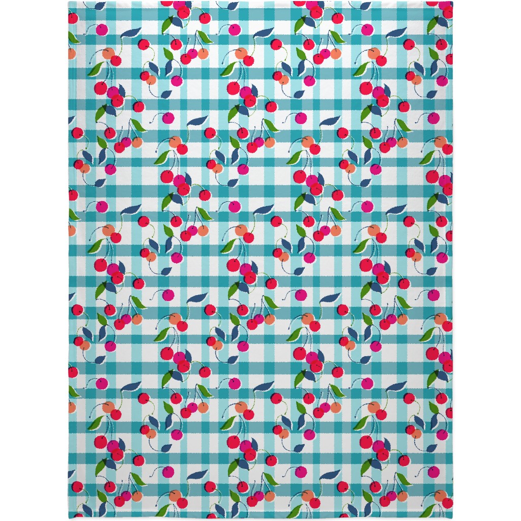 Gingham Cherry - Blue Blanket, Plush Fleece, 60x80, Blue