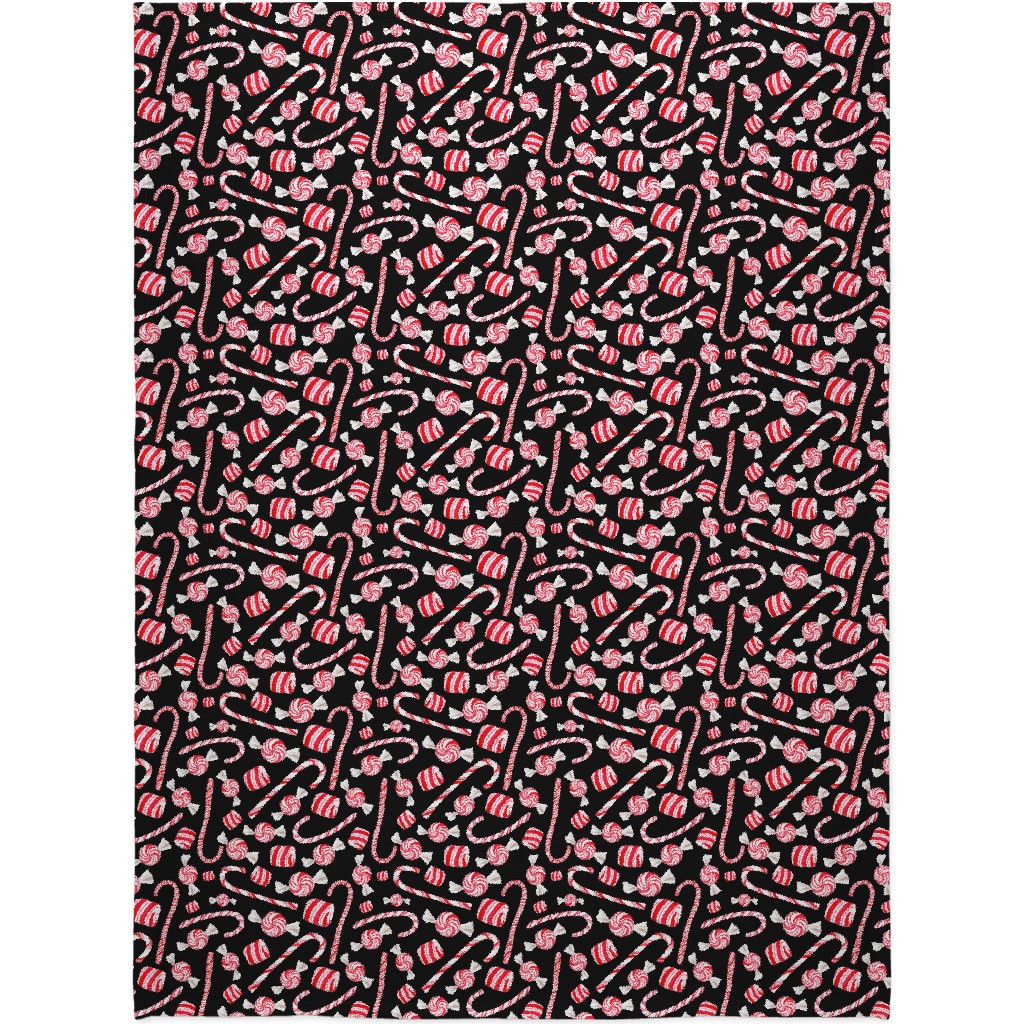 Christmas Candy Canes - Black Blanket, Plush Fleece, 60x80, Red, Red