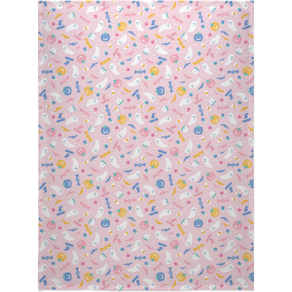 Happy Ghosts and Candy Corn - Pastel Blanket, Plush Fleece, 60x80, Pink