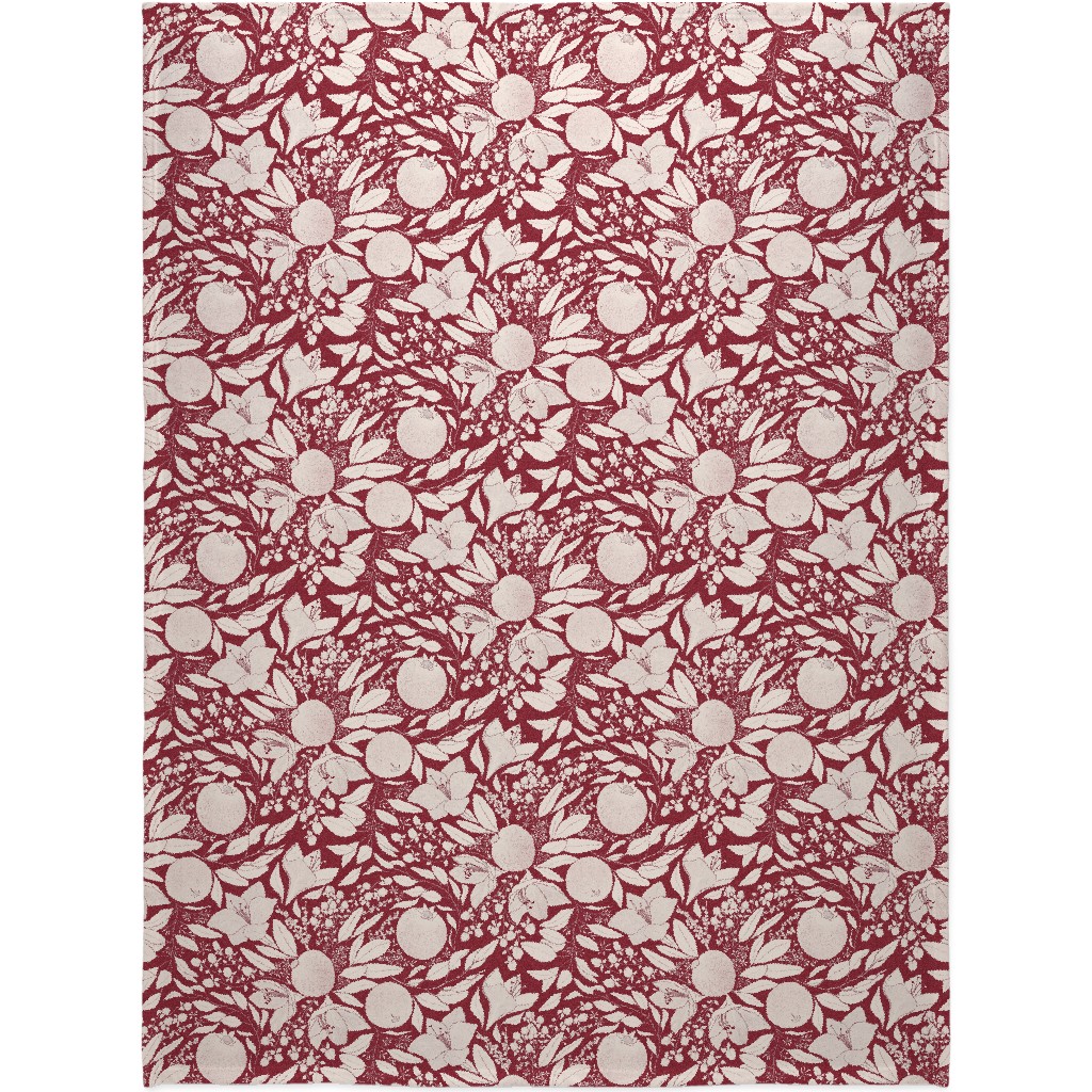 Winter Florals - Burgundy Blanket, Plush Fleece, 60x80, Red