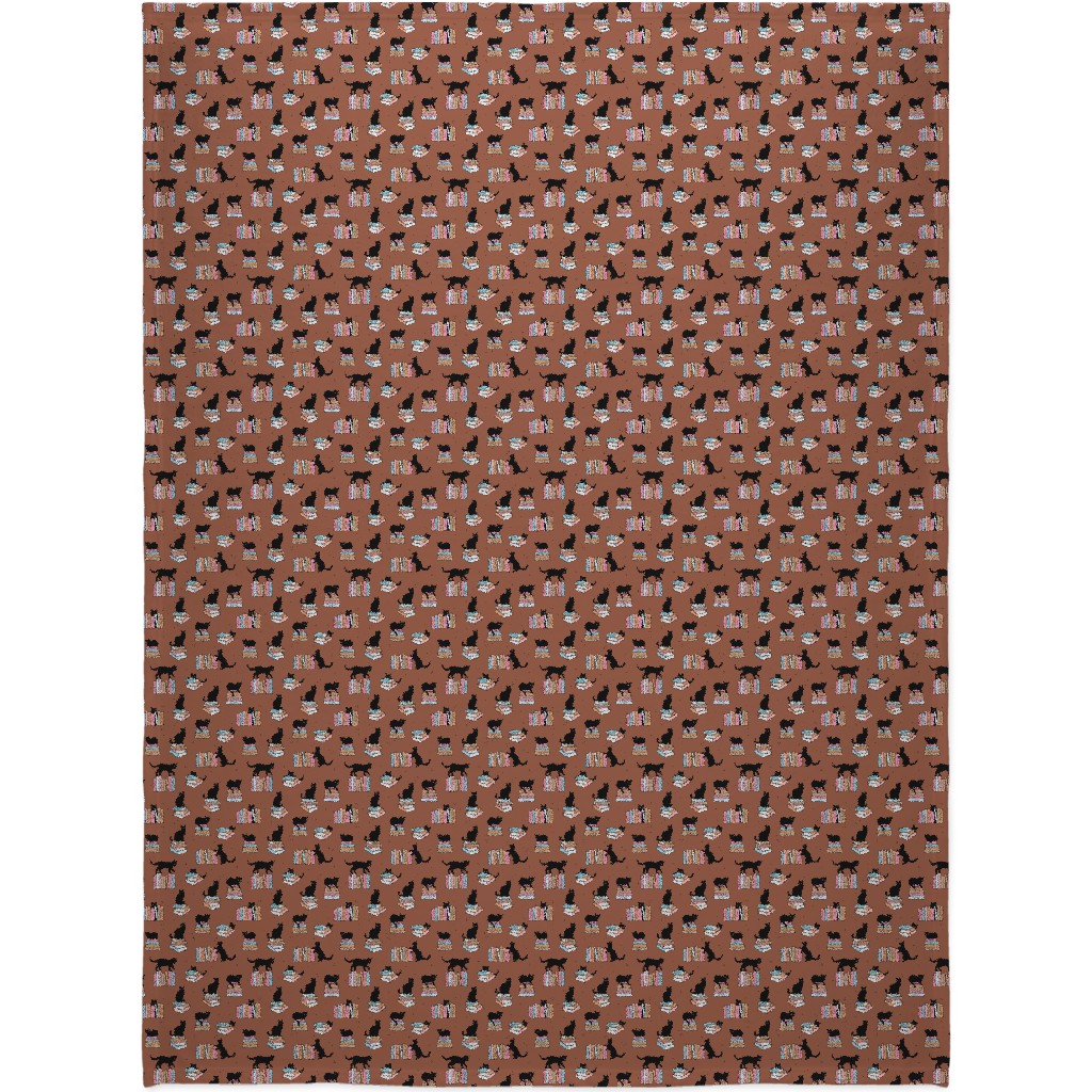 Cats and Books Blanket, Plush Fleece, 60x80, Brown, Sienna Brown