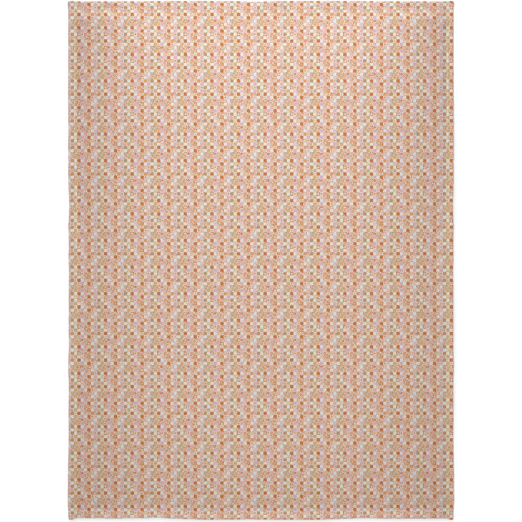 Retro Checkerboard - Daisy, Smile, Happy - Pink Orange Blanket, Plush Fleece, 60x80, Orange, Orange
