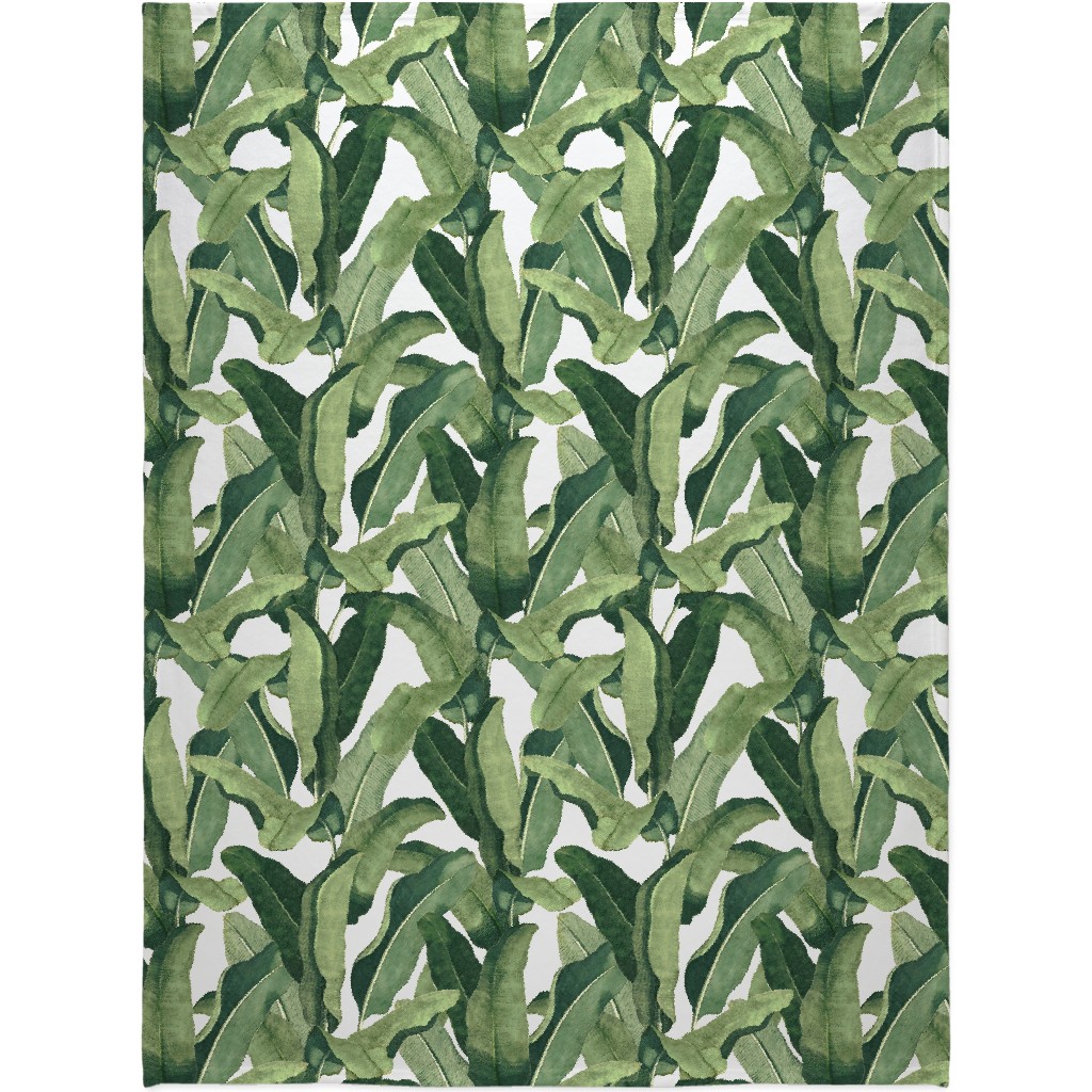 Tropical Leaves - Greens on White Blanket, Plush Fleece, 60x80, Green, Classic Green