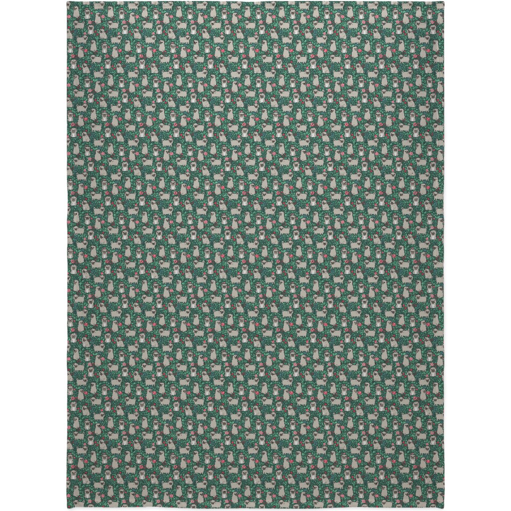 Cute Pugs and Flowers - Multicolor Blanket, Plush Fleece, 60x80, Green, Classic Green