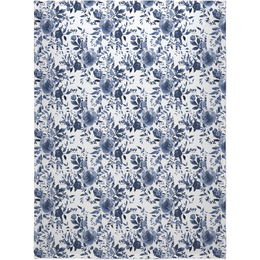 Blue and White Florals - Indigo Blanket, Plush Fleece, 60x80, Blue