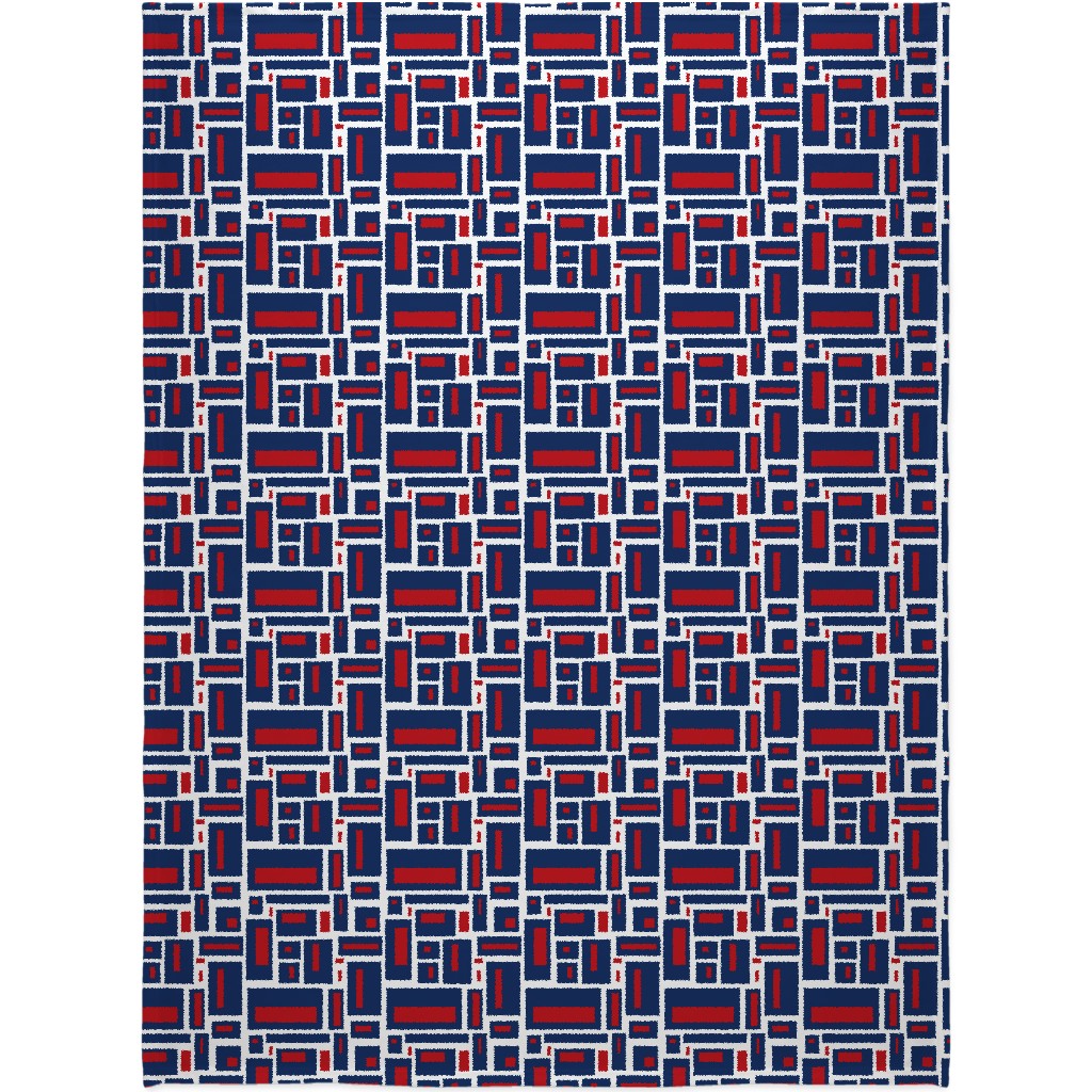 Geometric Rectangles in Red, White and Blue Blanket, Plush Fleece, 60x80, Blue