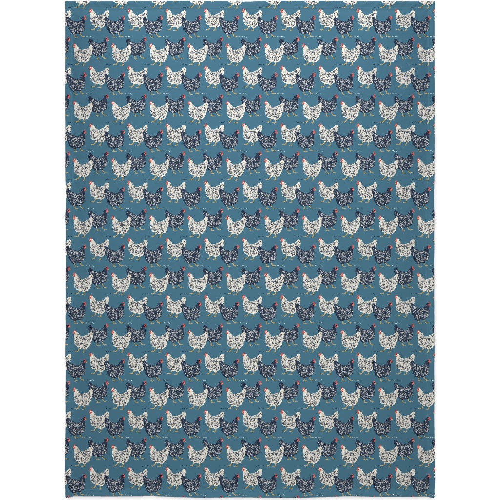 Farmhouse Chickens on Blue Blanket, Plush Fleece, 60x80, Blue, True Blue