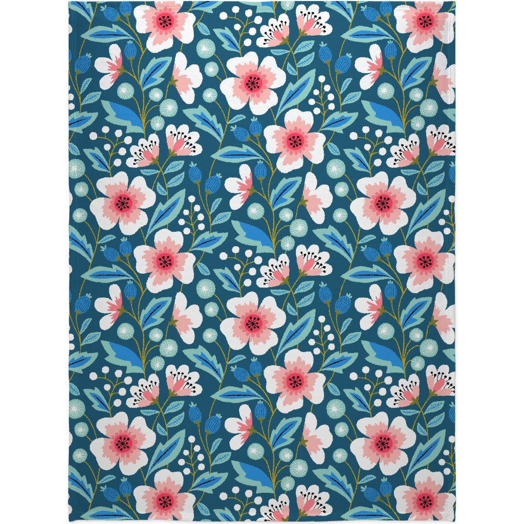 Colorful Spring Flowers - Pink on Blue Blanket, Plush Fleece, 60x80, Green