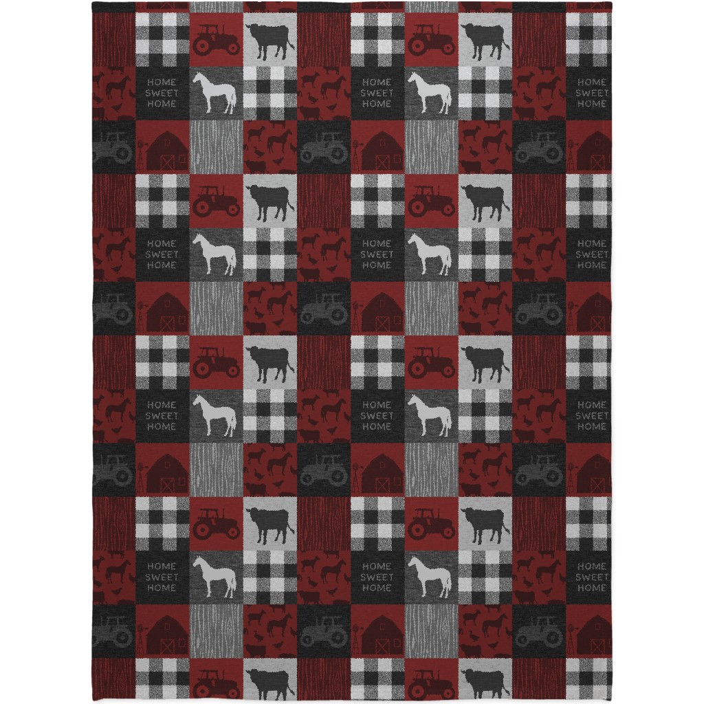 Home Sweet Home Farm - Red and Black Blanket, Plush Fleece, 60x80, Red