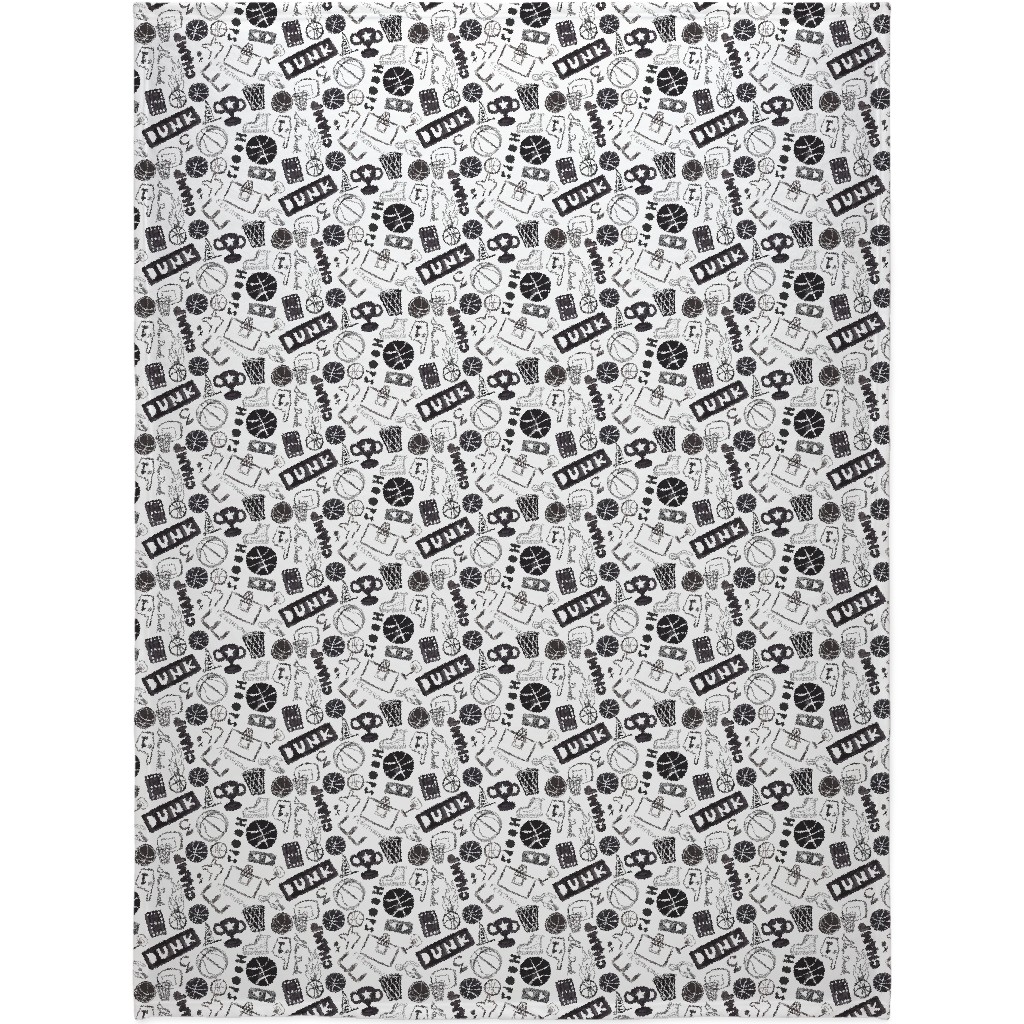 Basketball - Black and White Blanket, Plush Fleece, 60x80, White, White