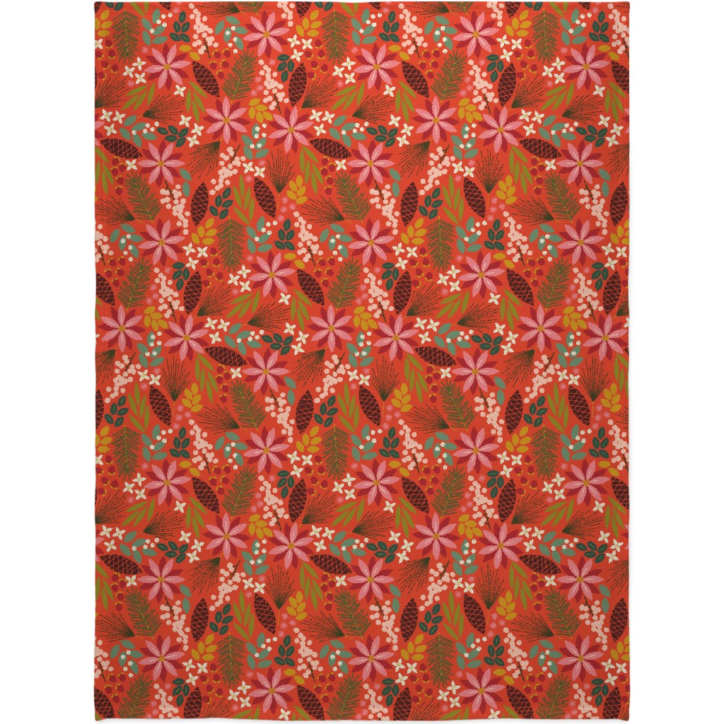Pinecones and Berries - Red Blanket, Plush Fleece, 60x80, Red