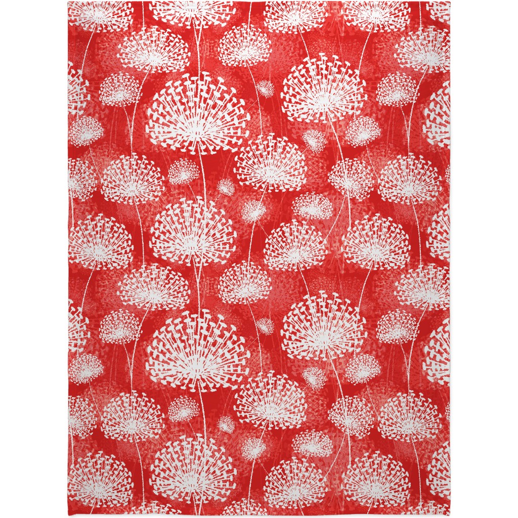 Dandelions - White on Red Blanket, Plush Fleece, 60x80, Red, Red