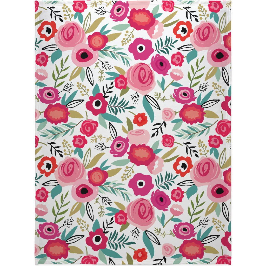 Maypole Floral - Pink on White Blanket, Sherpa, 60x80, Pink, Bright Pink