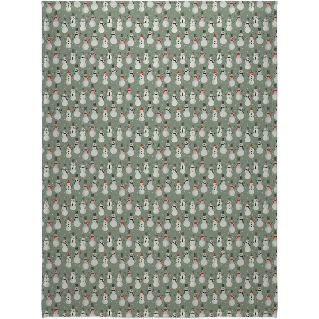Watercolor Snowmen on Sage Blanket, Sherpa, 60x80, Green, Classic Green
