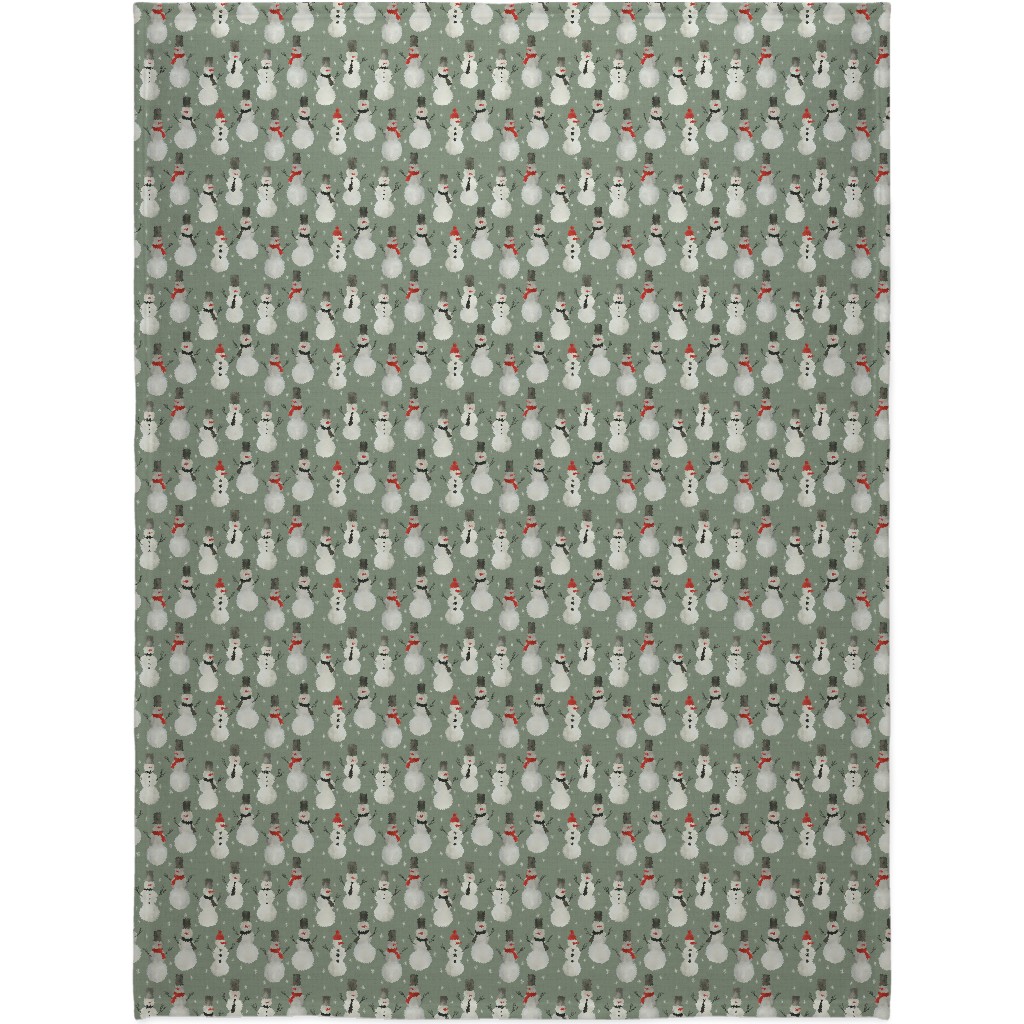 Watercolor Snowmen on Sage Blanket, Sherpa, 60x80, Green